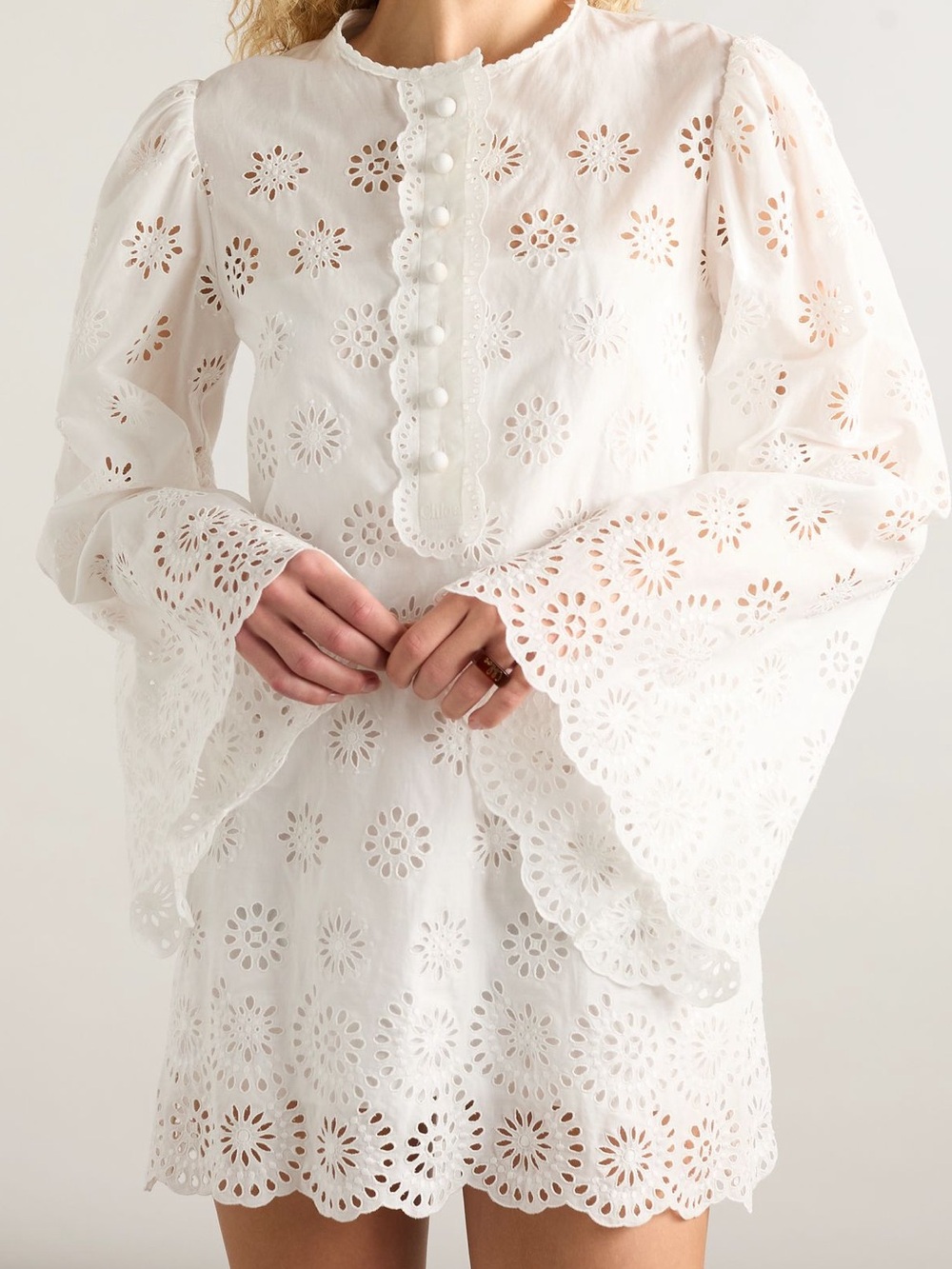 NWT CHLOE sz 42 / US 10
Scalloped Eyelet-Embroidered Mini Shift Dress - Picture 3 of 11